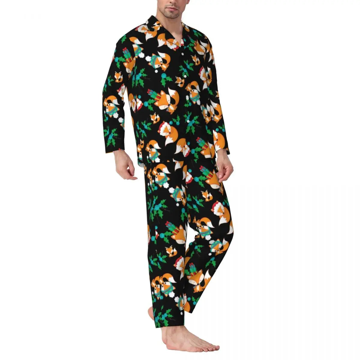 Maxy Cute Fox Print Pajama Sets Funny Christmas Kawaii Sleepwear Man Long Sleeve Loose Leisure 2 Pieces Nightwear Big Size XL 2XL