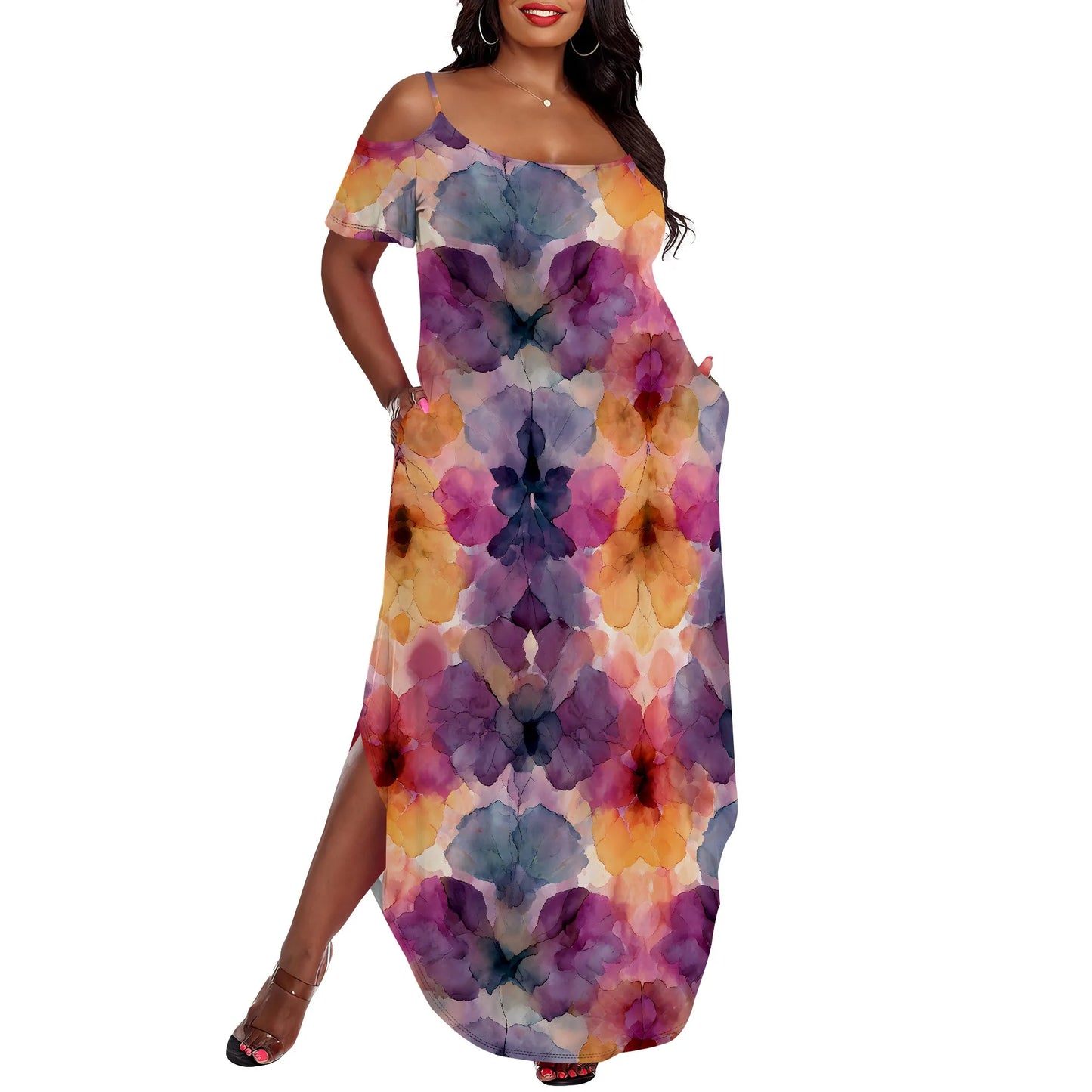 Maxy Plus Size Watercolor Tie Dye Dress Off Shoulder Loose Casual Summer Beach Sundress