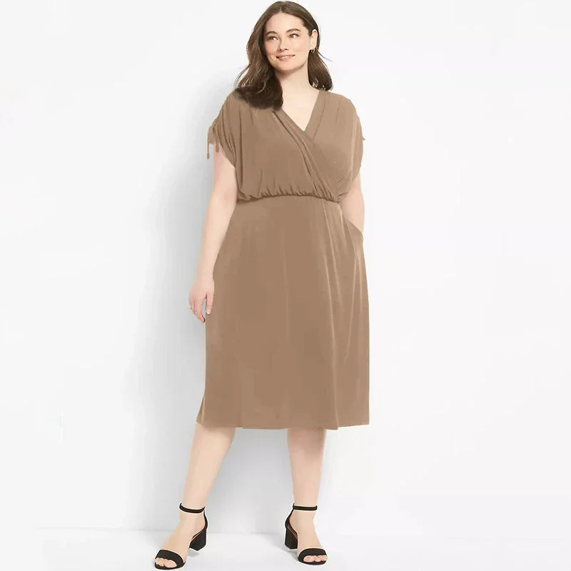 Maxy Plus Size Surplice Neck Elegant Summer Ruched Dress Women Adjustable Shoulders Elastic Waist Midi Wrap Dress Casual Party Dress