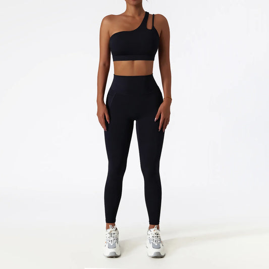 Maxy Sportswear Yoga Set Quick-Dry Tight Suit With Pocket Sports Women Tracksuits Asymmetric Shoulder Running Gym Leggings