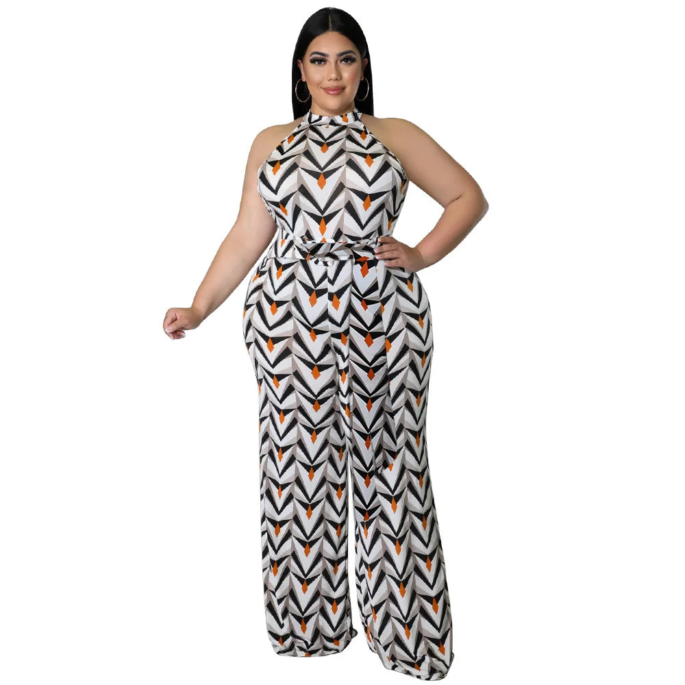 Amay Plus Size Women Jumpsuit Sleeveless Casual Hanging Neck Print with Belt Large Size Romper Wide Legs 2024 New Dropshipping
