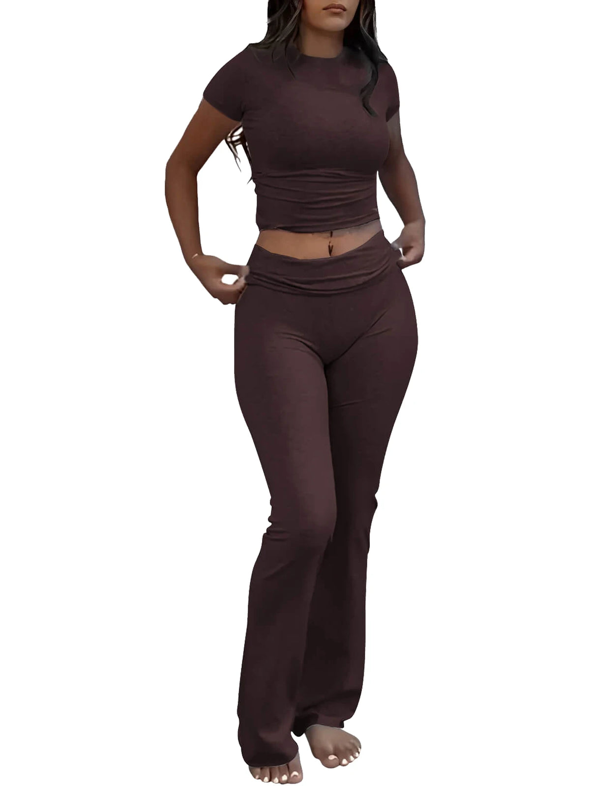 Maxy Casual Workout Two Piece Outfits for Women Short Sleeve Crop High Waist Foldover Flare Pants Tracksuit Sets Streetwear