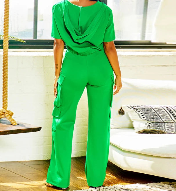 Maxy Fashion Two Piece Set Women Outfit Summer Temperament Short Sleeved Hooded Zipper Top &Casual Pocket Design Cargo Pants Set