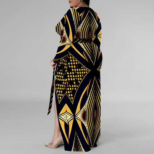 Amay Plus Size Long Sleeve Abstract Print Wrap Maxy Dress for Women, Elegant Dress with Side Slit for Evening Wear