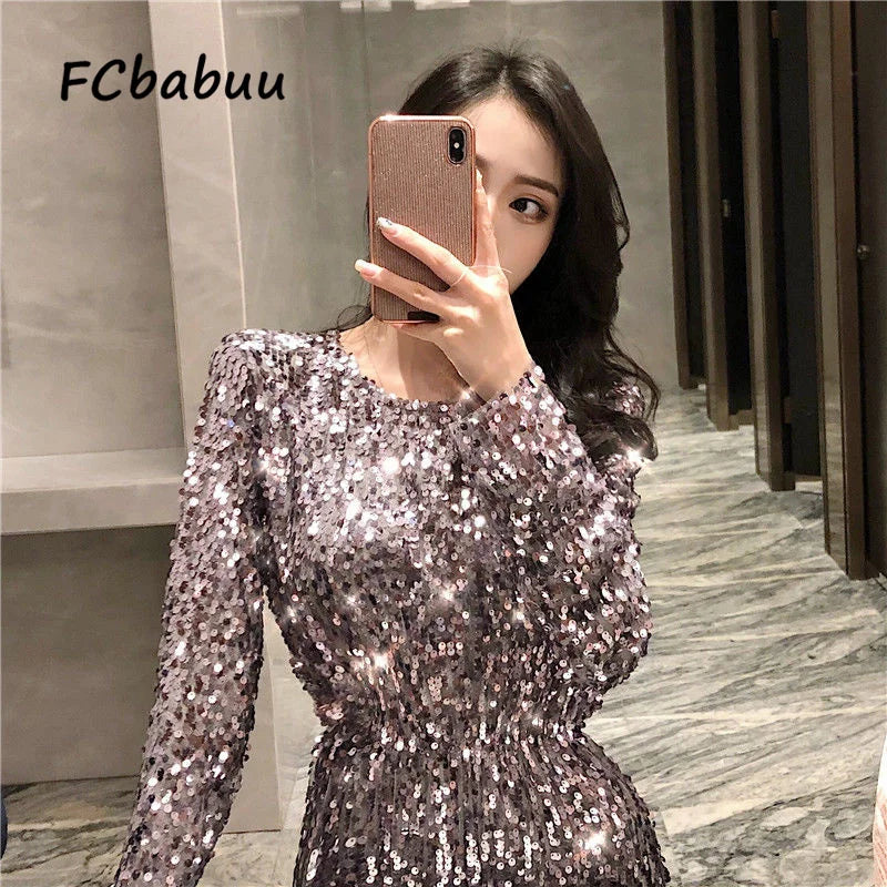 Maxy Silver Dresses for Women 2024 Sequin Long Sleeved Gown Party Celebrity Dress Slim Bodycon Streetwear Prom Outfits