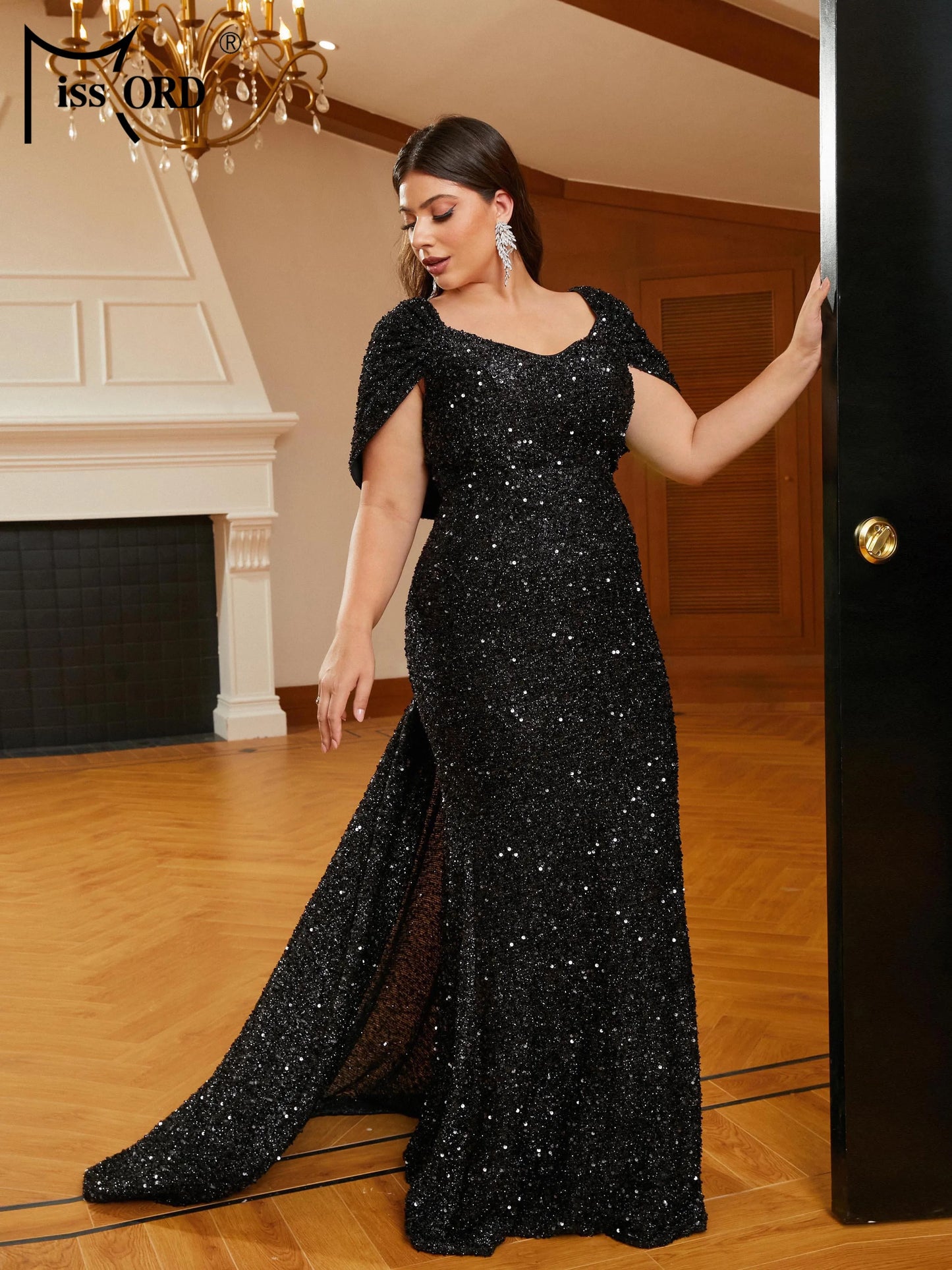 Momsey New Plus Size Black Draped V-neck Short Sleeved Sequin Mermaid Evening Floor Length Dress