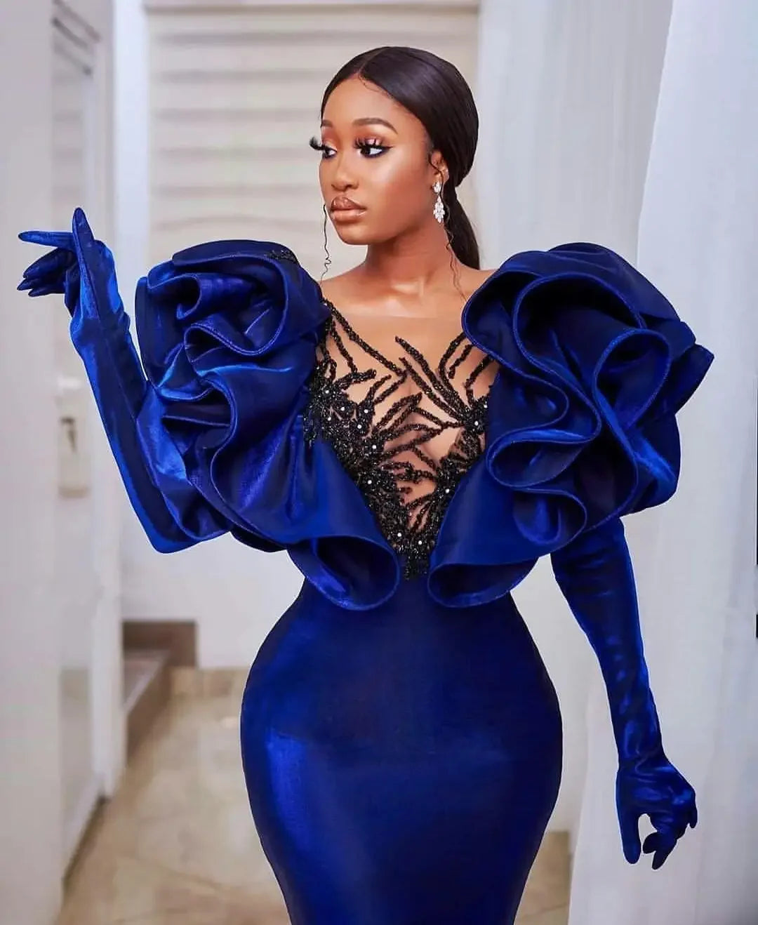 Amay Modest Velvet Mermaid Prom Dresses Plus Size Ruffles Capped Sleeve Elegant Formal Evening Gowns
