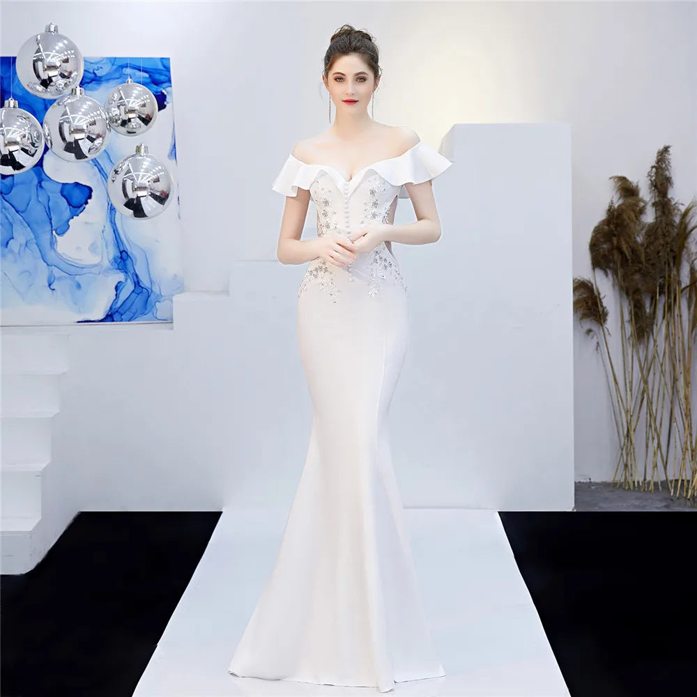 Maxy Customized Women's Elegant V Neck Floral Ruffle One Shoulder Evening Formal Maxi Gown Mermaid Bodycon Party Prom Wedding Dress