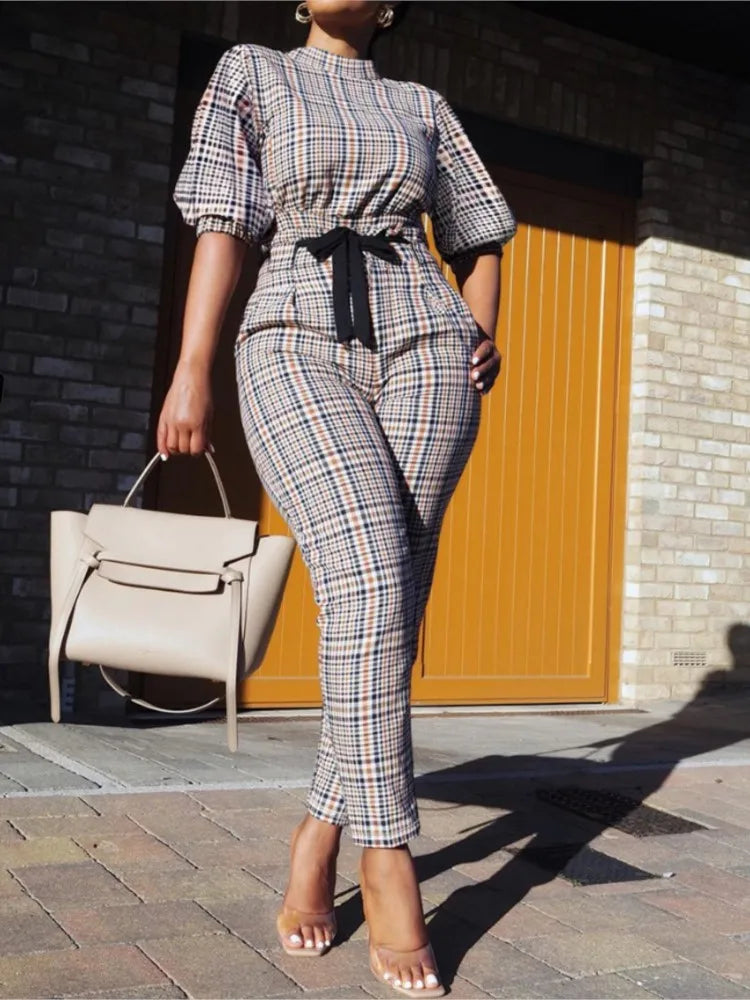 Maxy Fashion Plaid Print Two Pieces Sets Women's Autumn Lanntern Sleeve Top & High Waist Tied Slim Long Pants Casual Streetwear Set