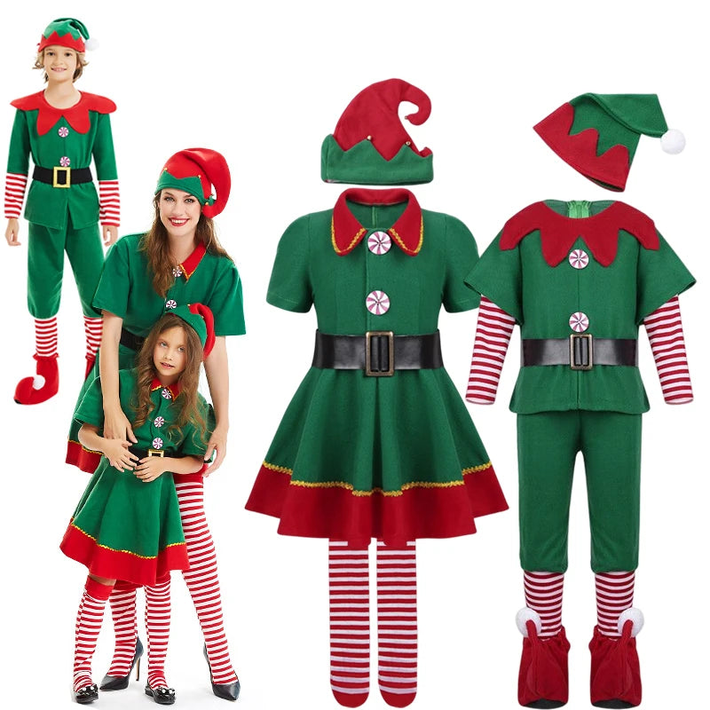 Christmas Maxy Family Costume Role Playing Outfit Green Santa Claus Party Performance Fancy Clothing for Men Women Girls Boys