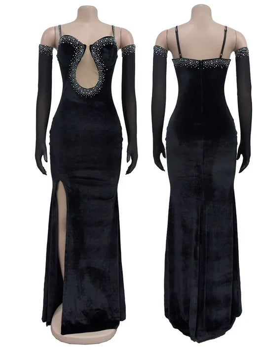 Maxy Dress Luxury Woman Evening Dress Sparkle Heartbeat Velvet Diamonds Maxy Dress Gown Celebrities Outfits With Rhinestones Glove