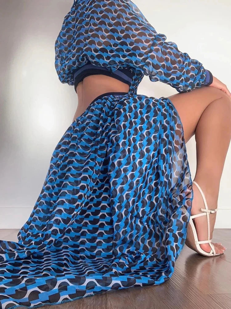 Maxy Hollow Out Printing Elegant Dresses For Women Stand Collar Long Sleeve High Waist Minimalist Dress Female Fashion Clothing