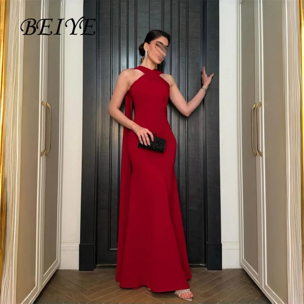 BEIYE Modern Red Mermaid Evening Dress Women 2026 Halter Sleeveless Slit Formal Party Gown Customized فساتين سهرات