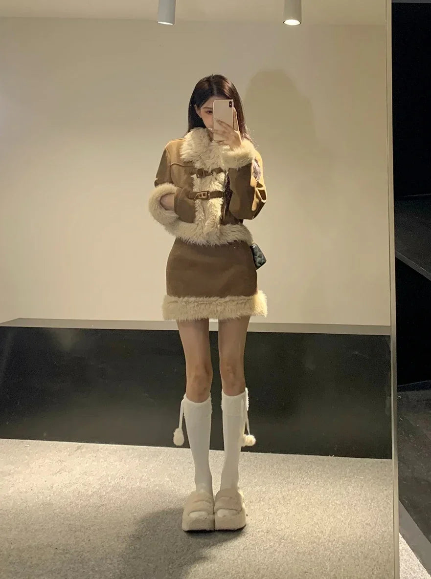 Autumn Retro Faux Fur 2 Piece Skirt Set Women Casual Y2k Vintage Blazers Jacket Coats + Skirts Japanese Kawaii Suit Chic Outfits