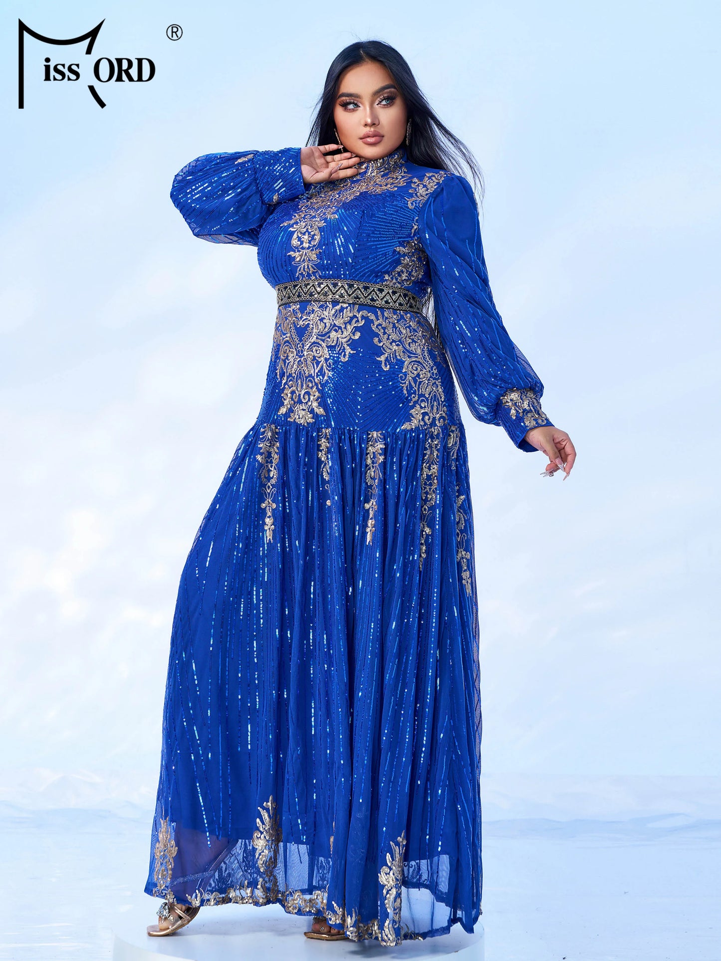 Momsey New Blue Plus Size Muslim Round Neck Long Sleeved A Line Gown Evening Women Wedding Birthday Party Large Maxy Dress