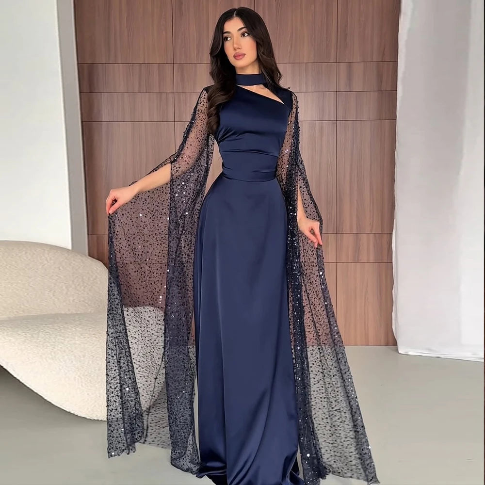 Maxy Sexy Satin Evening Dresses with Beaded Cloak Navy Luxury Party Dress for Women Prom Pageant Formal Elegant Gowns