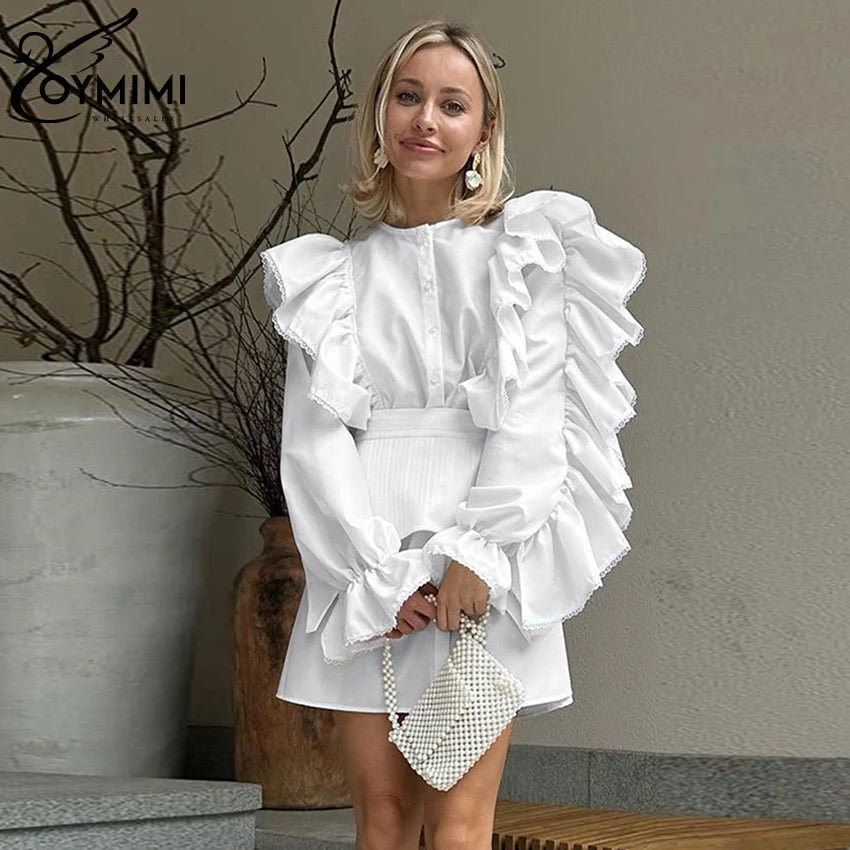 Maxy Fashion Loose White Cotton 2 Piece Sets Women Outfit Elegant Ruffle Long Sleeve Girdle Single Breasted Mini Dress Set