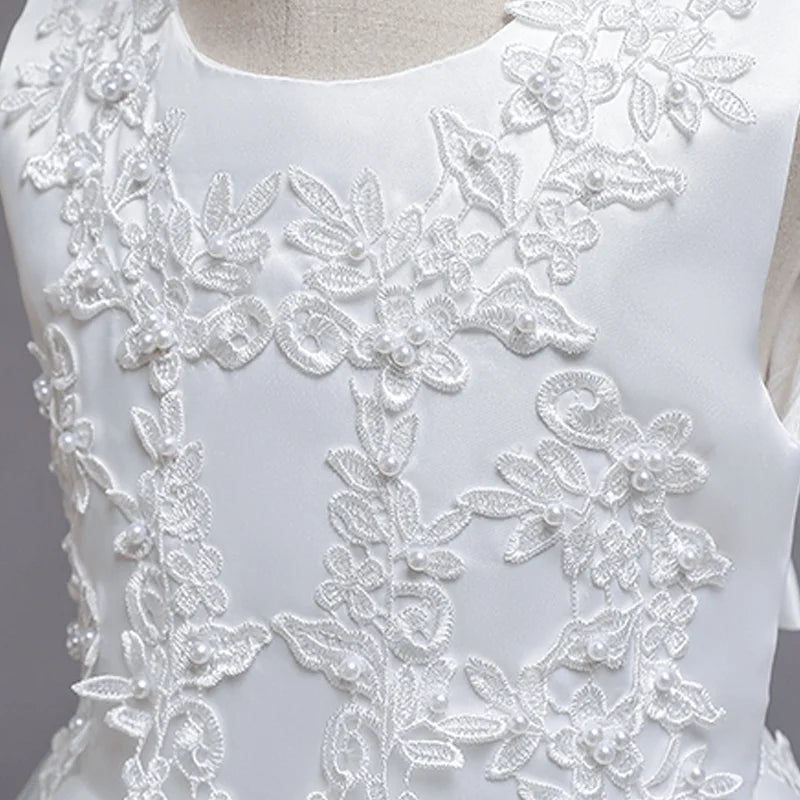 Maxy Princess Girls White Flower Princess Dress Teens Sequins Appliques Sleeveless Long First Communion Bridesmaid Wedding Formal Evening Gown