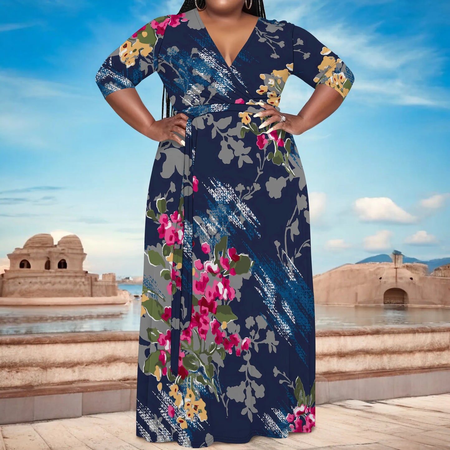 Maxy Plus Size Women's V-Neck Half Sleeve Abstract Floral Maxy Dress Elegant Summer Vacation Dress