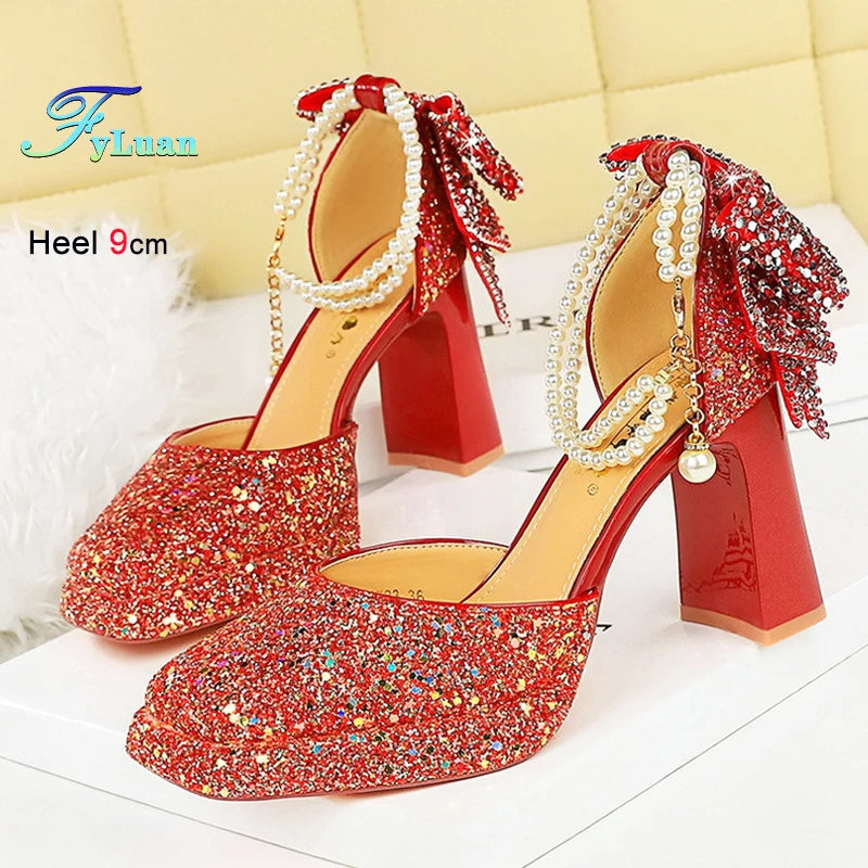 Maxy Summer New Fashion Women's Platform Sandals Glitter Bow Pearl Chain Rhinestone Decoration Ladies Eveing Heels Banquet Shoes