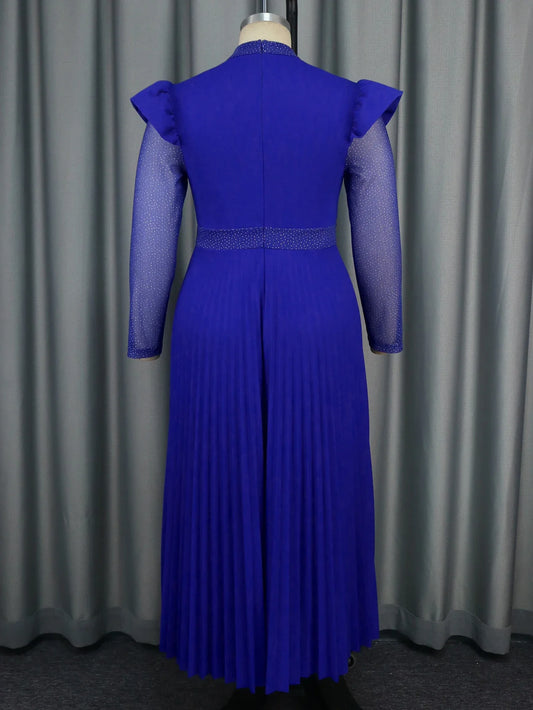Amay Women Blue Maxy Evening Party Dress High Neck See Through Sheer Mesh Patchwork Long Sleeve Empire Pleated Gown Plus Size