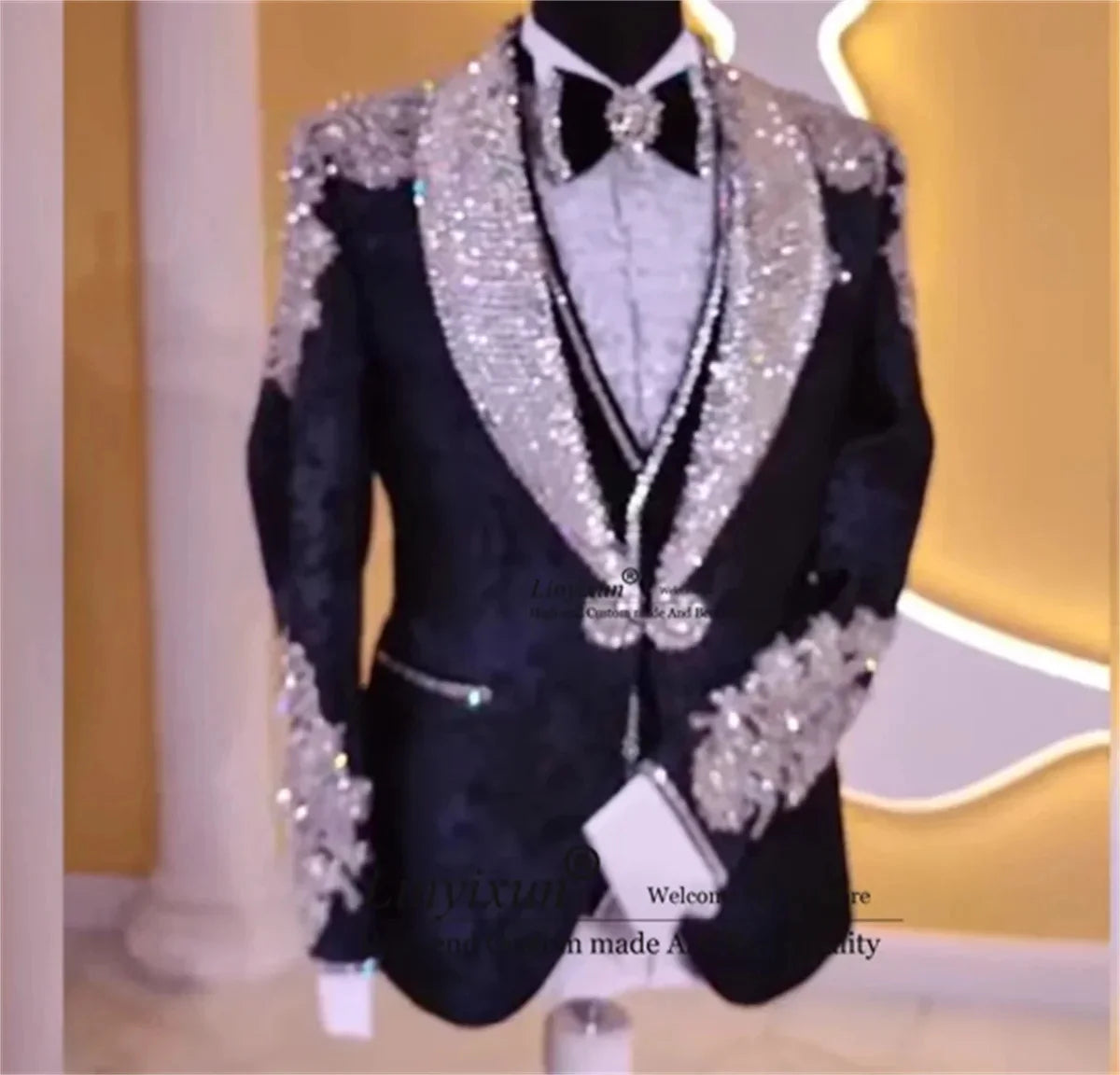 Amay Luxury Beaded Crystals Men Suits Jacquard Groom Tuxedos 3 Pieces Sets Male Prom Blazer Wedding Customized vestido de novia
