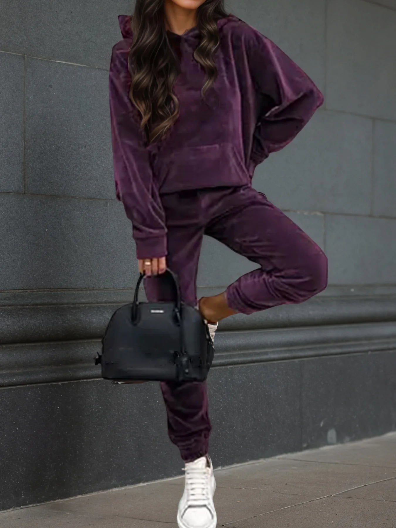 Maxy Autumn Winter Velvet Tracksuit Set Elegant Soft Pocket Pullover Top Female Loose Sweatsuit Pants Suit Two Piece Set Outfits