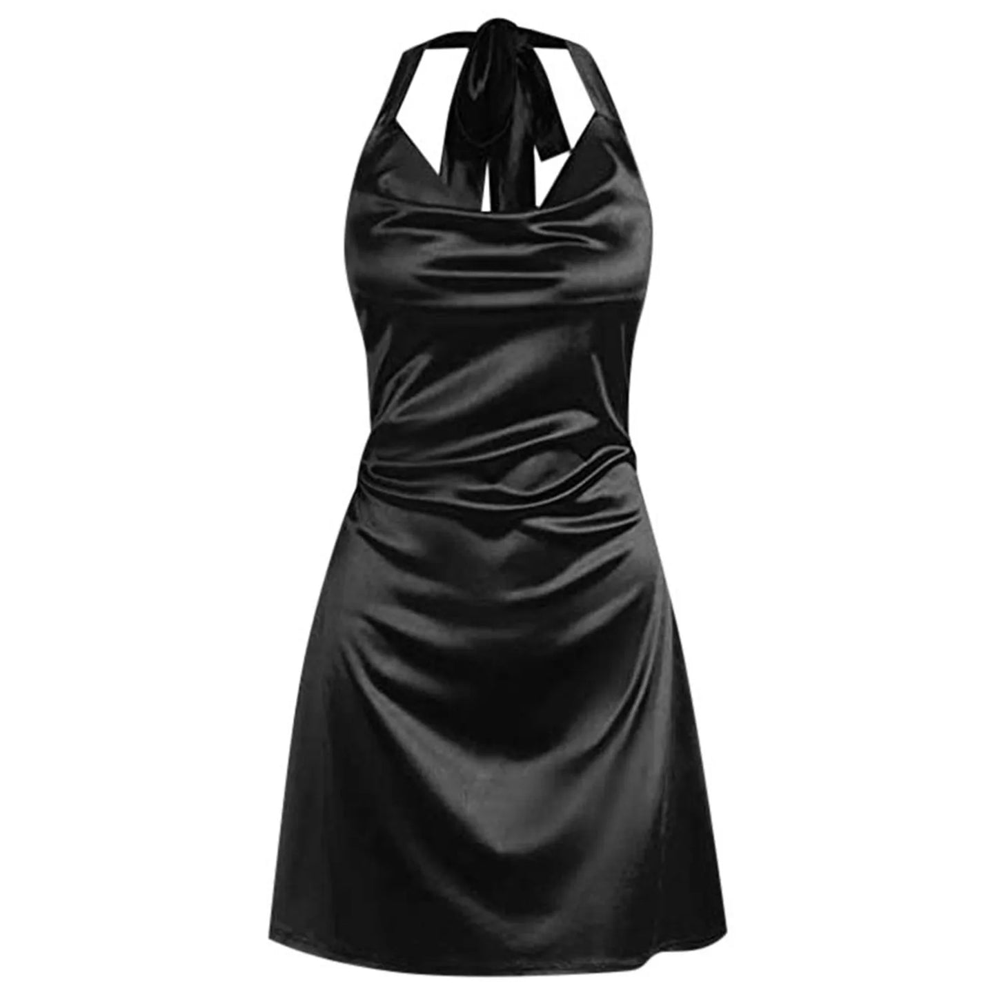 Maxy Satin Slip Dress Women Silk Low Cut Smocked Solid Color Party Dresses Cowl Neck Backless Mini Dress Nightclub Short Vestidos