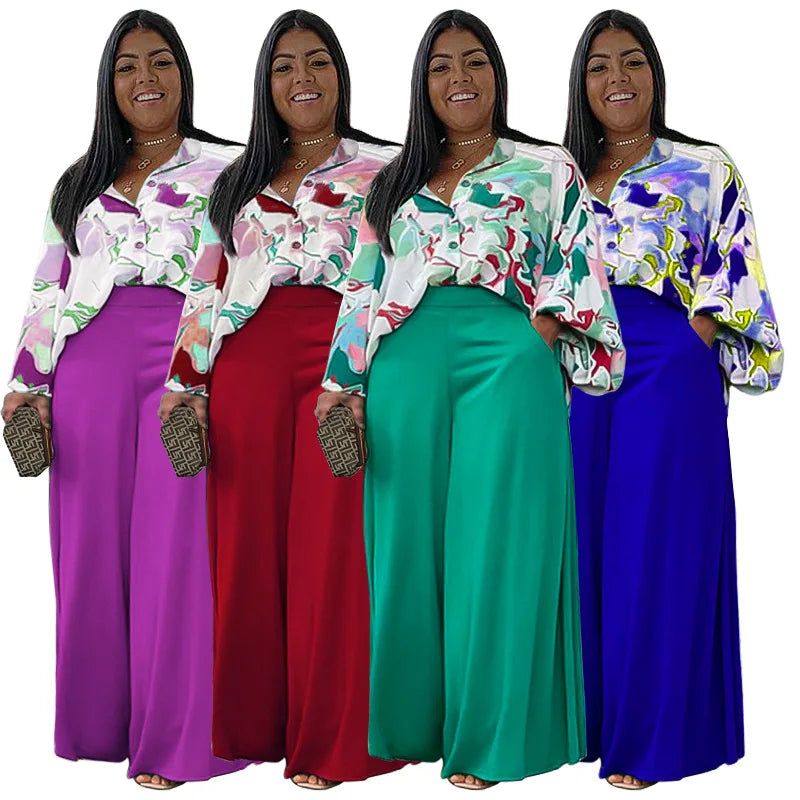 Maxy Women Long Sleeve V-neck Polyester Print Two Pieces Sets Top +Long Pant Women Clothing Set L-4XL Clothes