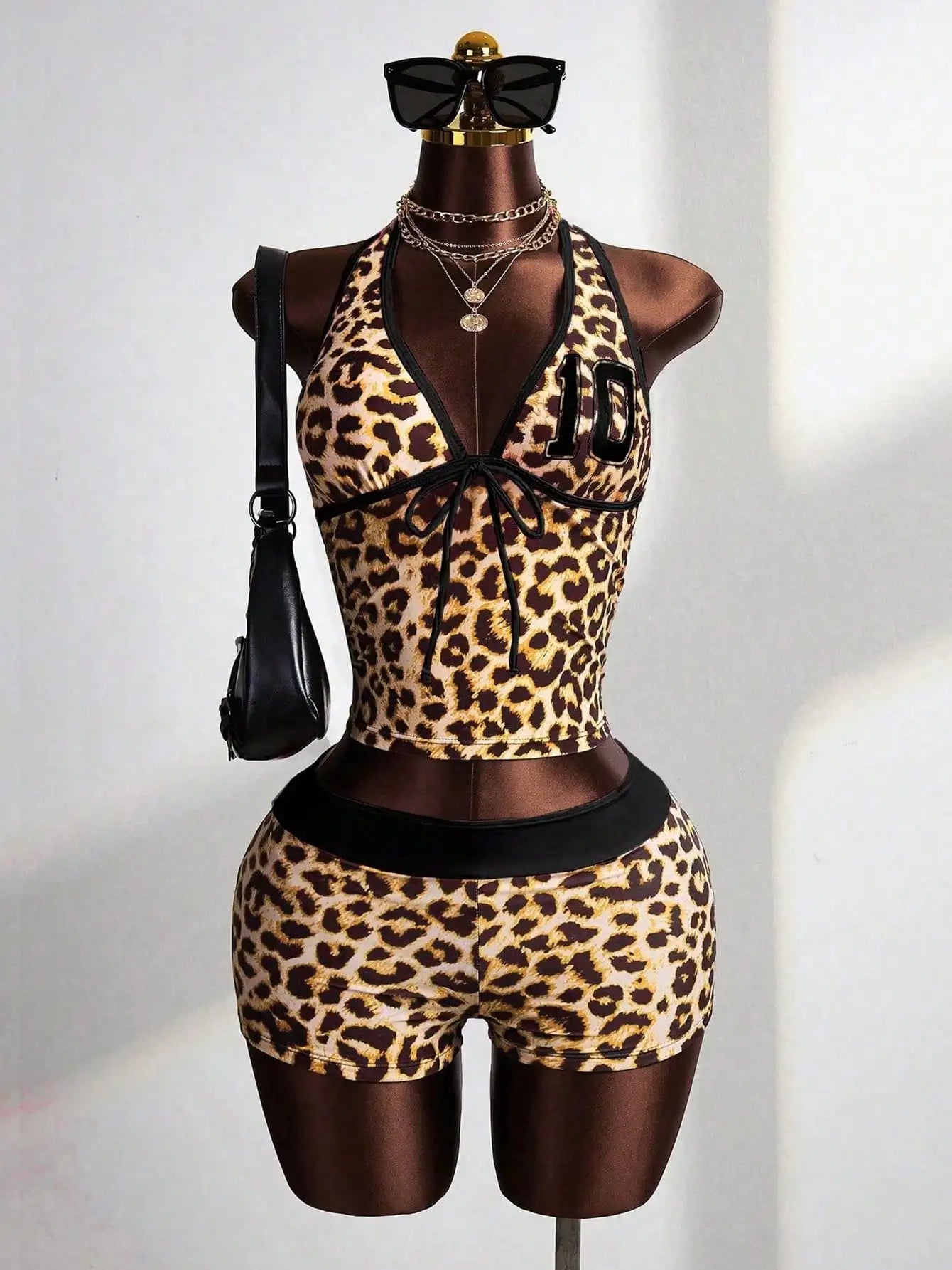 Maxy Leopard Print Halter Tankini Set With Pink Trim Cheeky Shorts Festival Beach Swimwear