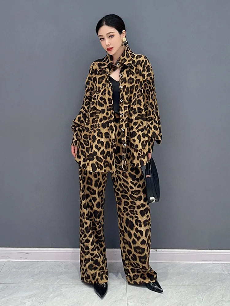 Babs SHENGPALAE 2 Pieces Sets Fashion Leopard Print Lapel Single Breasted Shirt Casual Straight Trousers Spring New Tide 5R5164