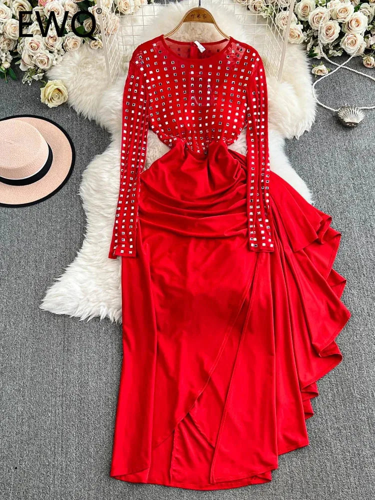 Maxy Elegant Sequin Mesh Irregular Flounce Dress Spring New Women's O-neck Long Sleeves Contrast Color Long Dresses 27X1905