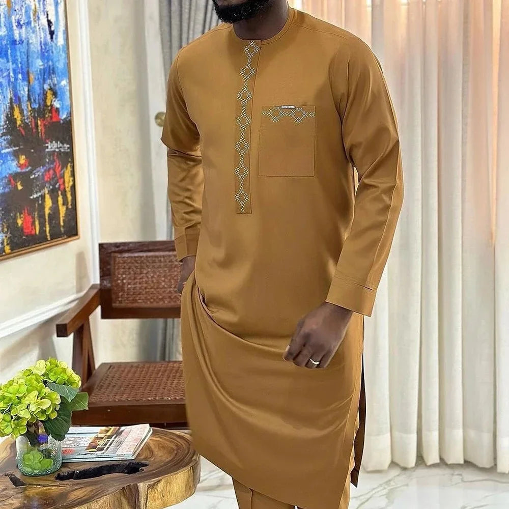 Maxy New African Traditional Men's Set Round Neck Long Sleeve Yellow Luxury Two Piece Dashiki Wedding Party Festival Men's Suit