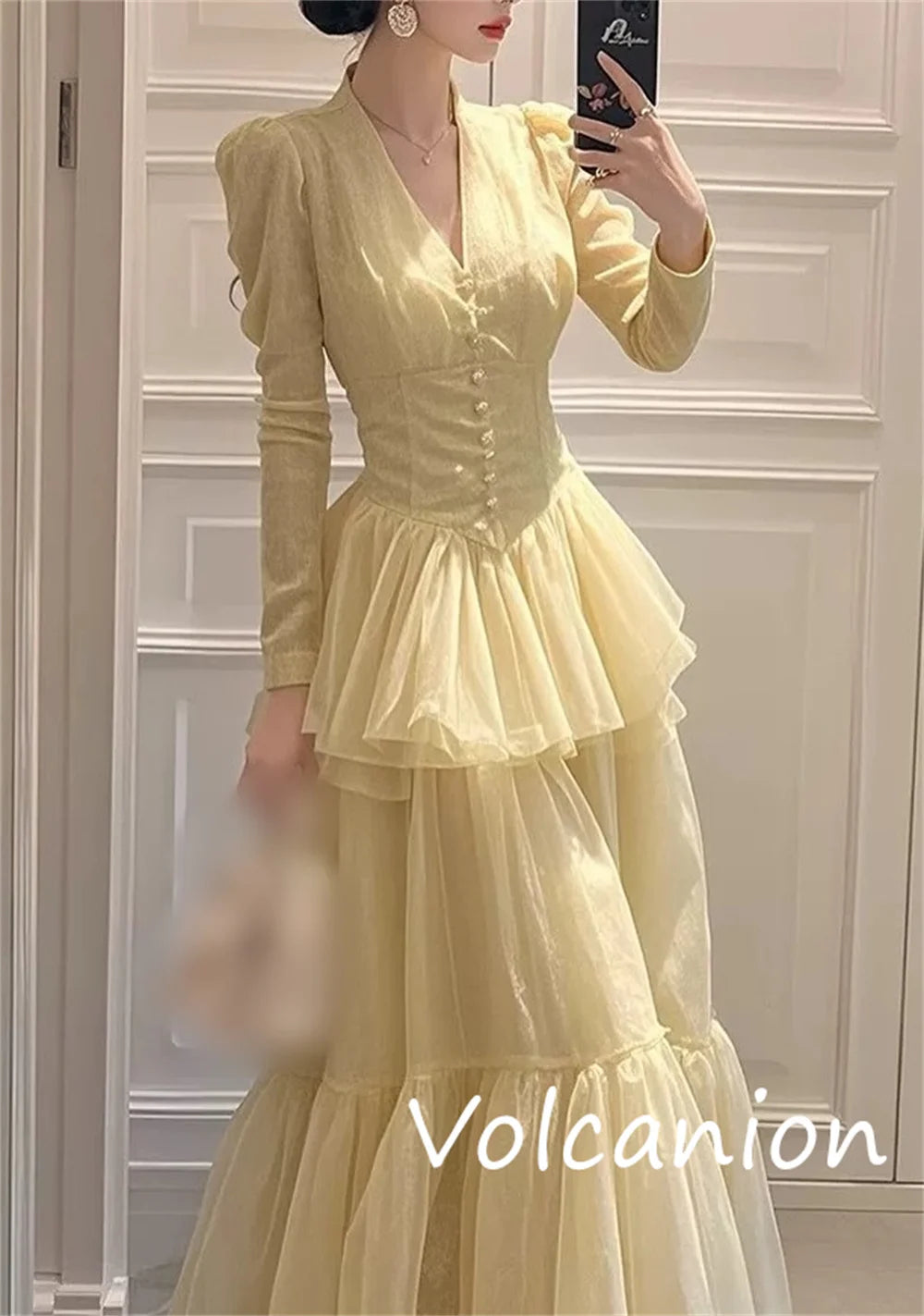 Maxy Customized Fashion Classic Organza Button Pleat A-line V-neck Long Dresses Bespoke Occasion Sizes Available