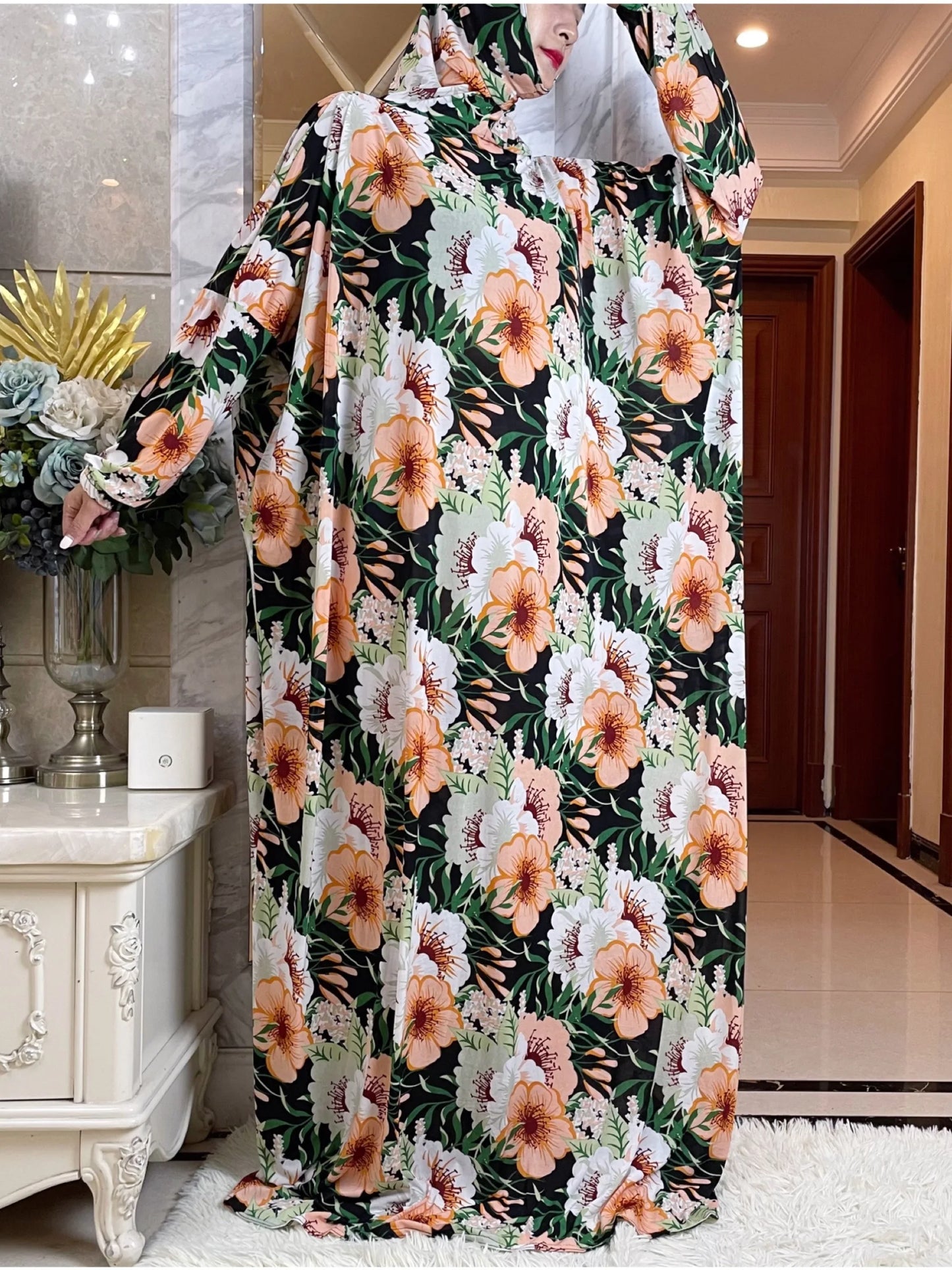 Maxy Ramadan Abaya Muslim Women, Hooded Turkey Dress, African Prayer Garment, Dress, High Elastic Comfort Fabric, Floral Prints Rob