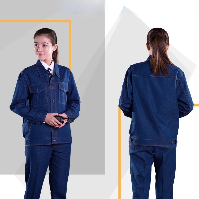 Thin Denim Jacket and Jeans Pants Sets for Men Women Long Sleeve Work Uniforms Electrician Auto Repair Mechanic Uniforme