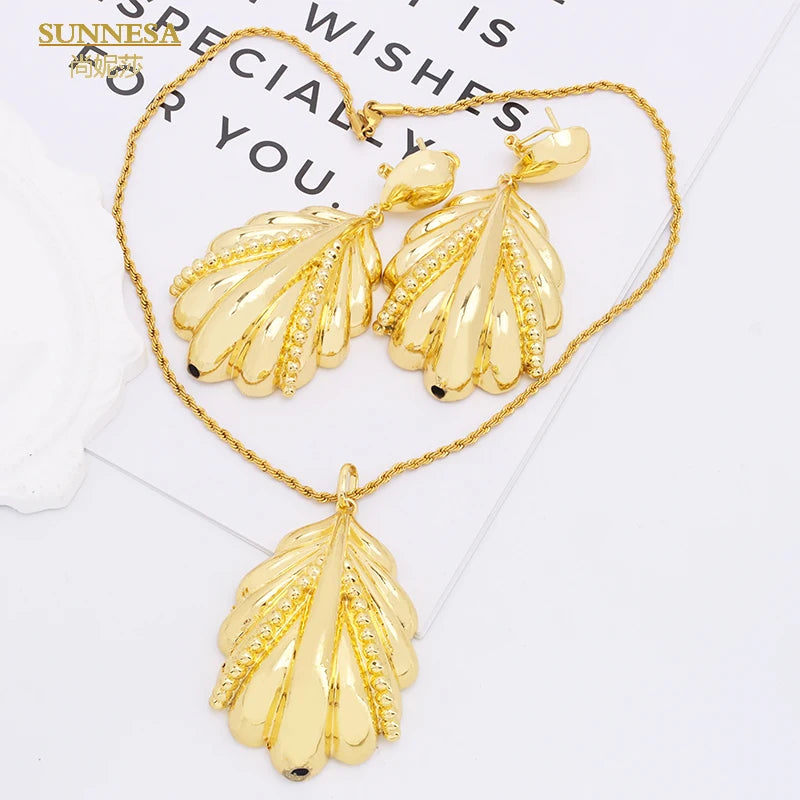 SUNNESA Leaf Shape Big Pendant Necklace Luxury Dubai Jewelry Set for Women Wedding 18k Gold Plated African Drop Earrings