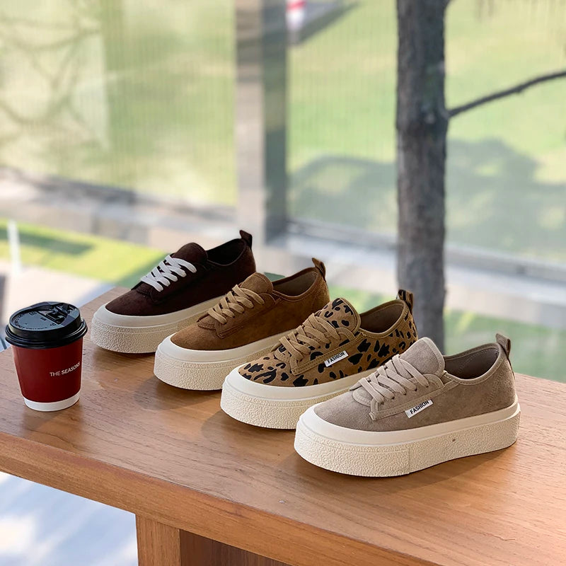 Maxy Soft Suede Leather Casual Shoes Women Sneakers Clogs Platform All-Match Spring Round Toe Cross-tied Frosted Flats Shoes Women