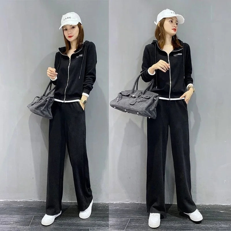 Amay Women's Tracksuit Spring Autumn New Casual Korean Loose Wide Leg Pants Two Piece Set Hooded Sweater Fashion Gym Sports Suit