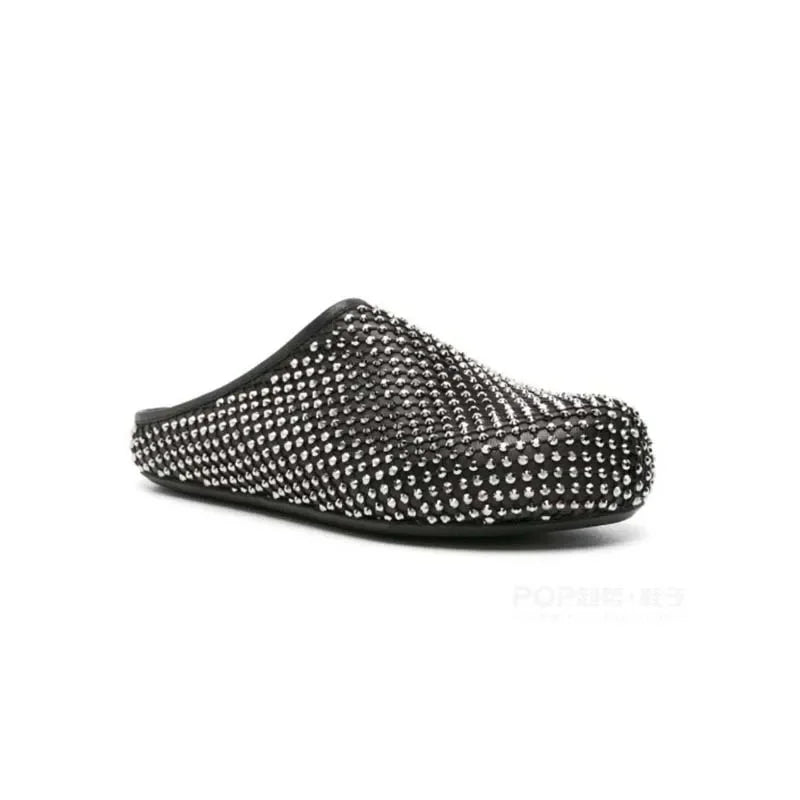 Babs Personalized Rhinestone Slippers Large Size Round Toe Black and White Flats Women Round Toe Shoes