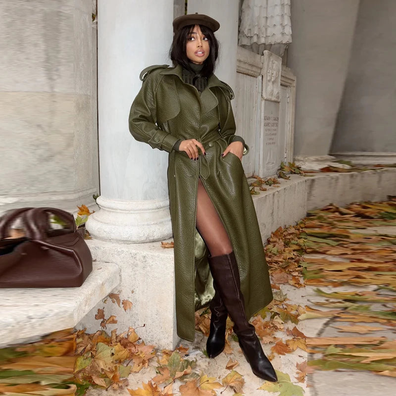 Maxy Retro PU Leather Long Jackets With Belt Women Casual Solid Single Breasted Jacket Female Spring Autumn High Street Outwears