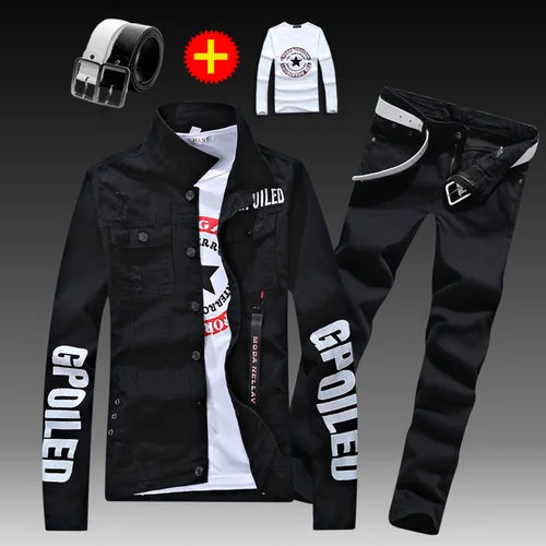 Visco Men's Slim Fit Denim Jacket Pants 2pcs Set Long Sleeve Coats Letters Printed Casual Large Size Black White Red Boys Trousers