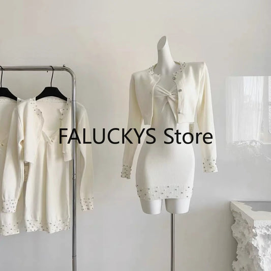 Maxy Autumn French Elegant Dress 2 Piece Set Women Party Slim Mini Dress + Office Lady Casual Outwaer Cardigan Korean Fashion