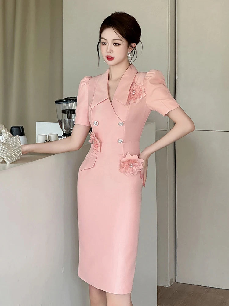 Maxy New Elegant Summer Fashion Pink Business Formal Occasion Dress Women Bubble Sleeve Slim Pencil Party Prom Vestido Street Clothes