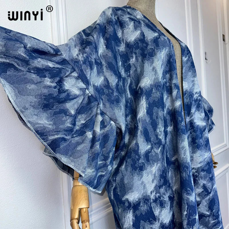 Maxy Tie-dyed Jacquard wash denim Cardigan maxy Dress elegant Party Holiday Swimming beach Cover Up fashion dress