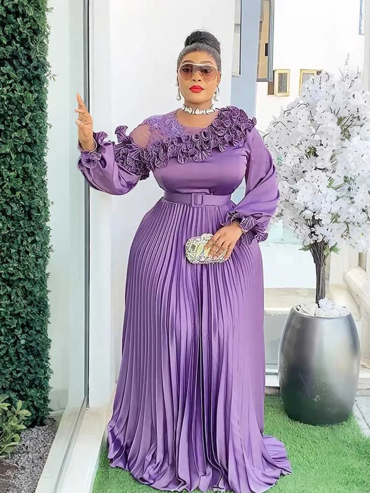 Maxy Woman Autumn Clothes Maxy Long Sleeve Dress with Belt Evening Birthday Elegant and Chic Pleated Dress Plus Size Party Dress