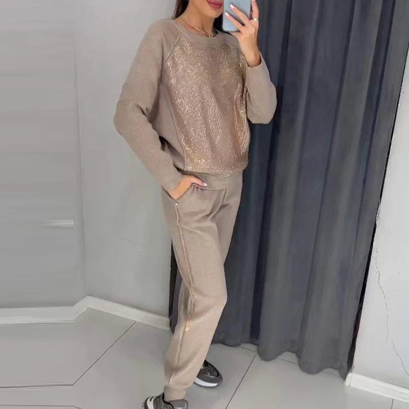 Maxy Fashion O-neck Long Sleeve Pullover & Long Pant Suit Casual Long Sleeve Solid Sweatshirt Set Elegant Sequin Patchwork Sport Set