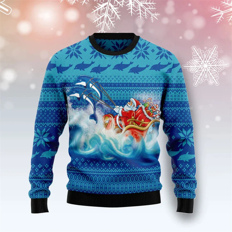 Maxy New Dolphin Graphic Ugly Christmas Sweater For Men Fashion Holiday Wear 3D Printed Xmas Sweatshirts Casual Oversized Tops