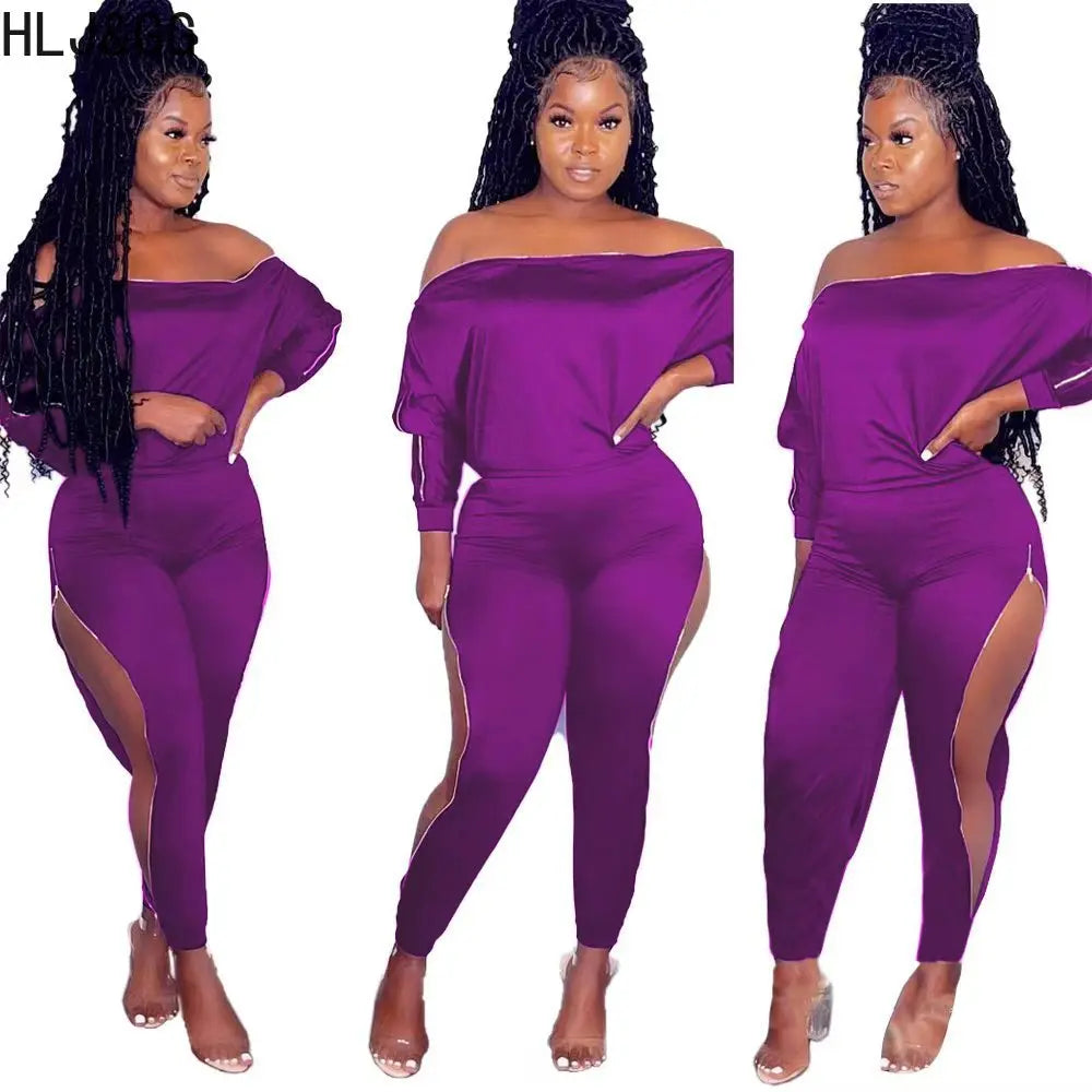 HLJ&GG Autumn New Side Zipper Skinny Pants Two Piece Sets Women Off Shoulder Long Sleeve Top And Pants Outfits Casual Tracksuits