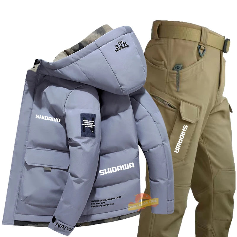 Maxy New Fishing Suit Men Winter Down Clothing Windproof and Coldproof Mountain Climbing Jacket + Waterproof Warm Pants Two-piece Set